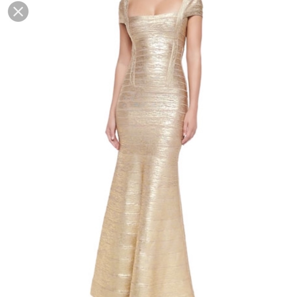 Herve Leger Lora Woodgrain Foil Bandage Gown GOLD